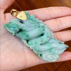 14K Real Gold Carved Dragon Natural Jade Pendant
